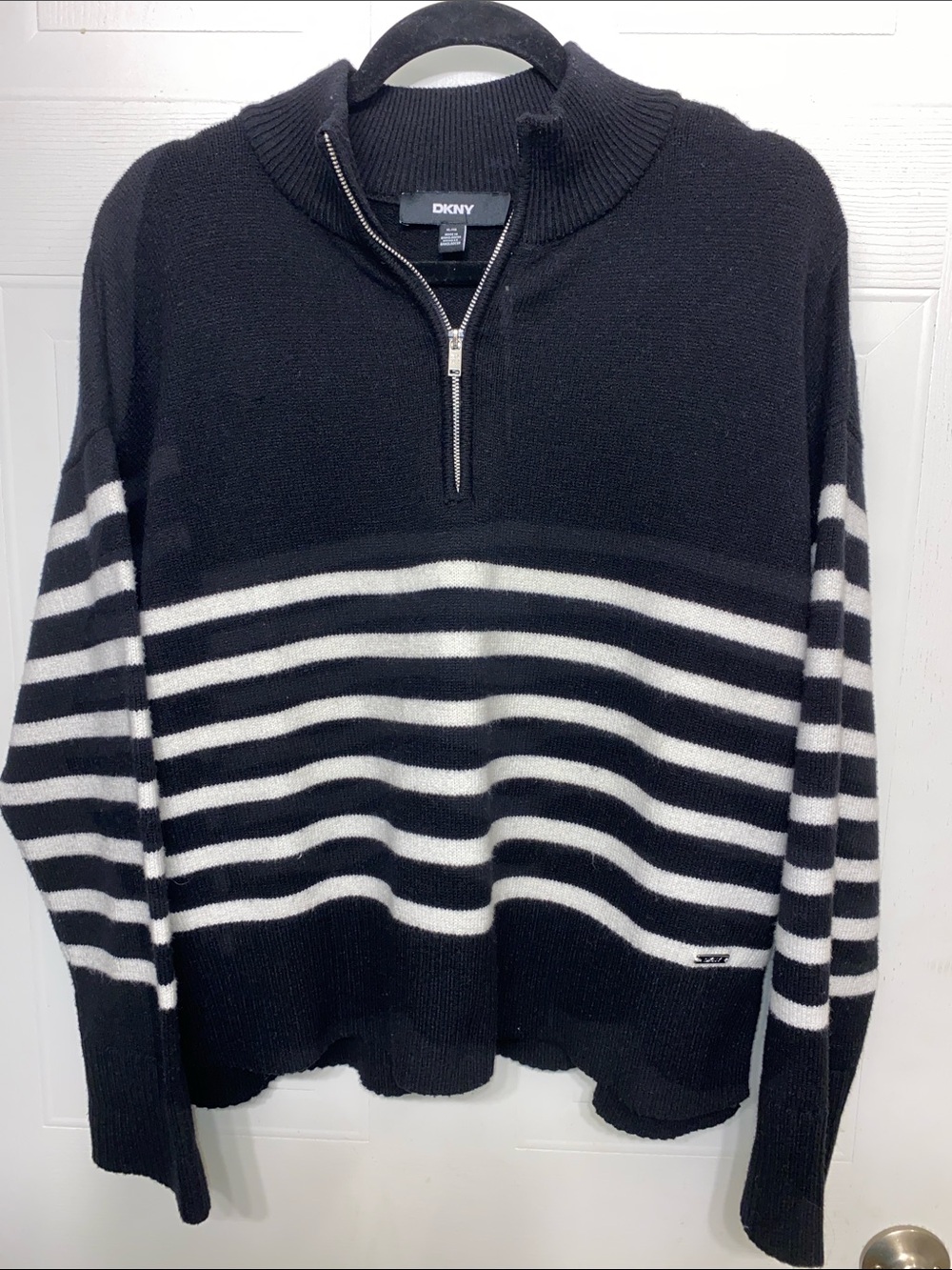 DKNY Black & White Striped Quarter-Zip Sweater